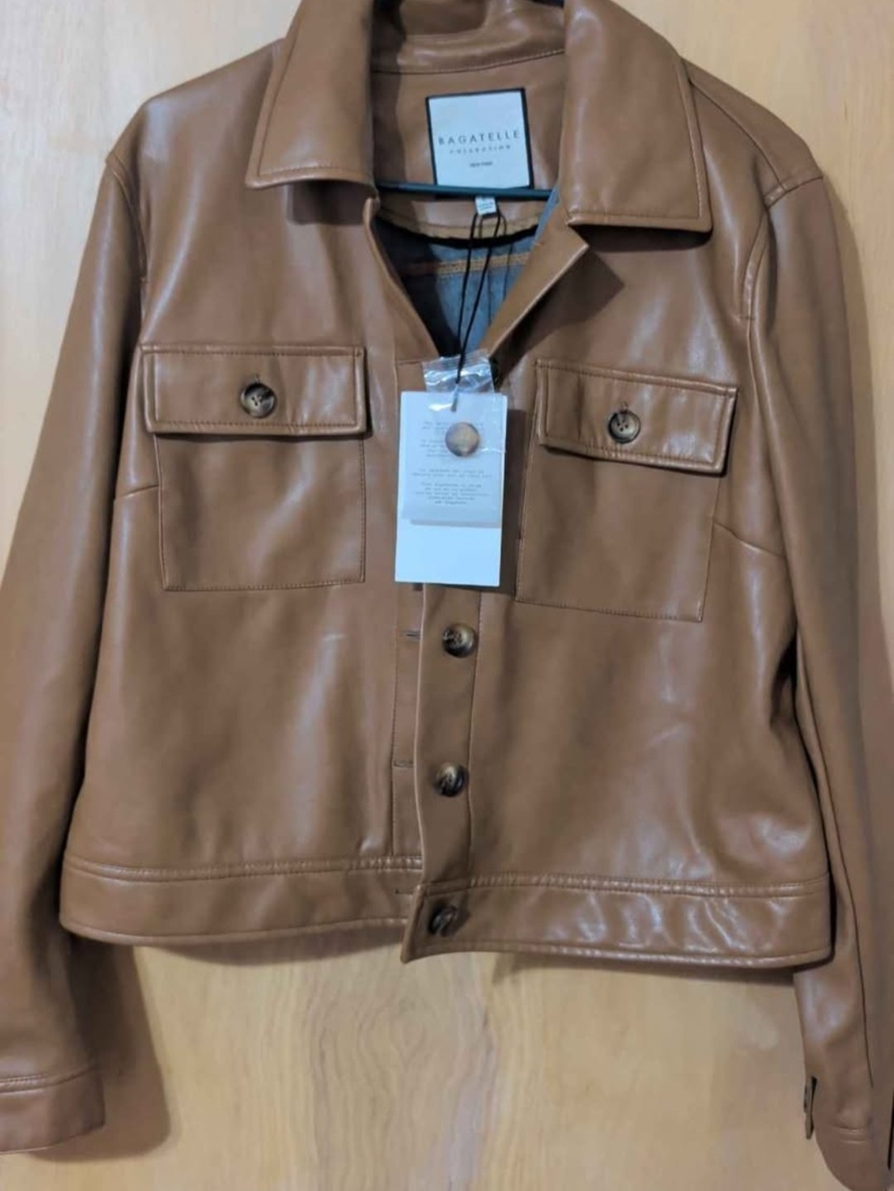 bagatelle Cropped Faux Leather Button Jacket in Camel